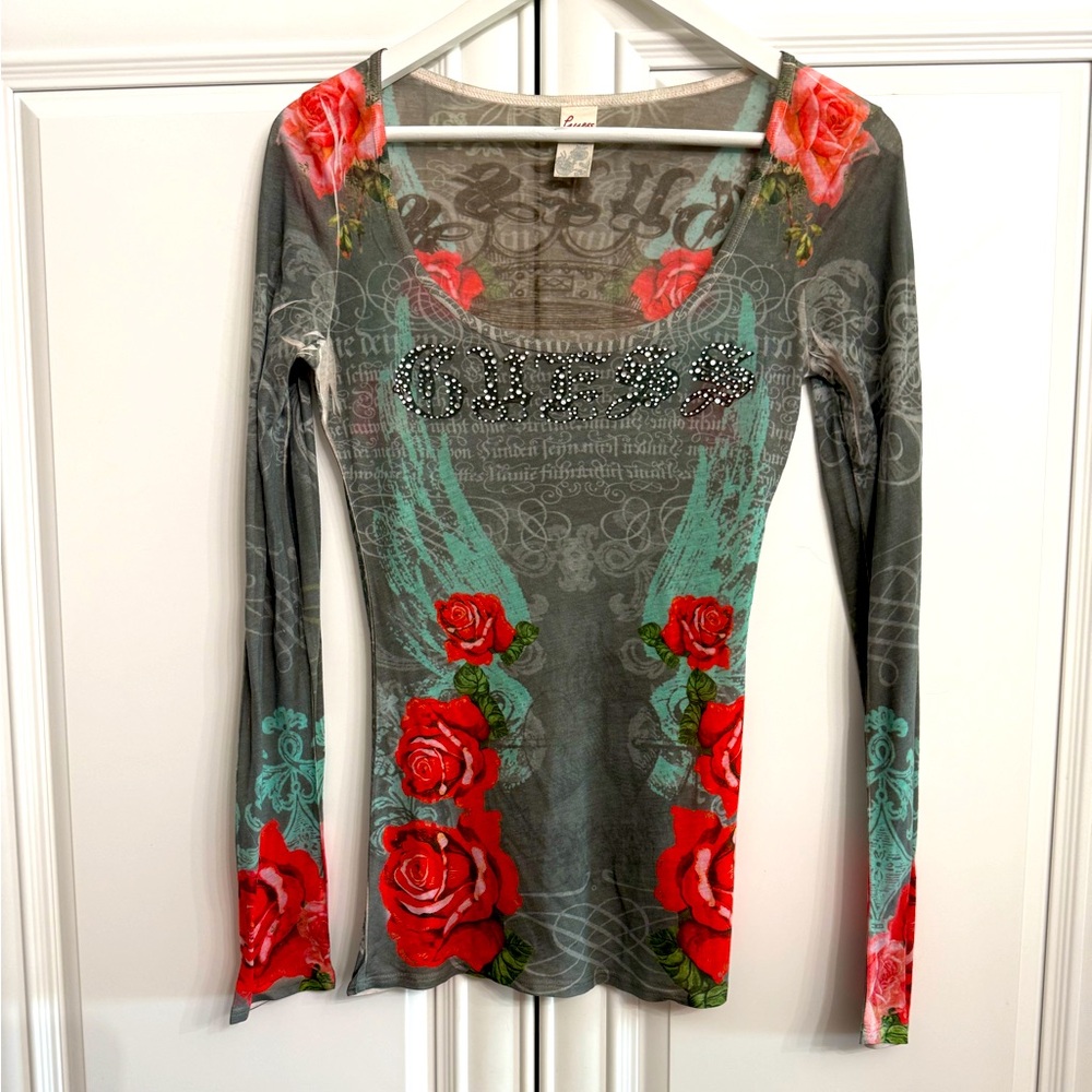 Vtg Guess Sz Medium Handmade Sheer Long Sleeve Grey Graphic Tee Rhinestones